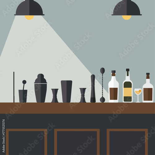 A flat design illustration of a bar counter with various cocktail making tools and bottles of alcohol.
