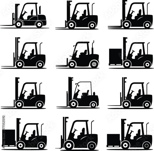 Forklift silhouette illustration set, black vector icons, warehouse equipment, industrial vehicle, cargo lifting, logistics machinery, pallet transport, storage operations, distribution