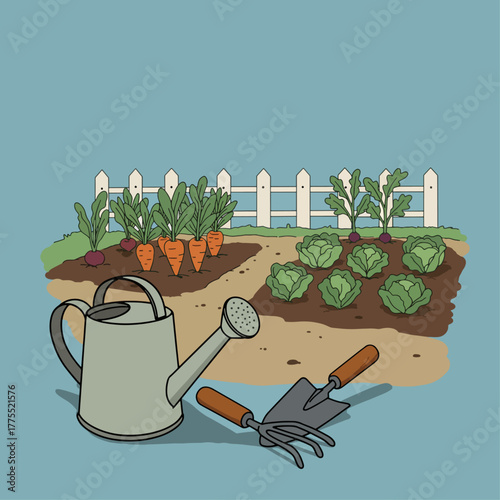 A watering can and garden tools rest beside a vibrant vegetable garden with rows of carrots, beets, and cabbage.