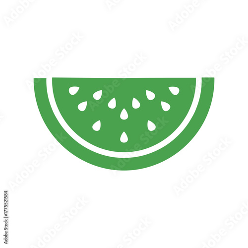 A simple monochrome green icon of a watermelon slice with white seeds on a white background.