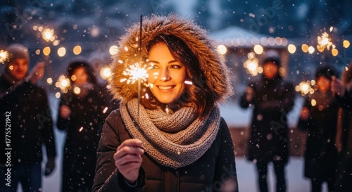 A woman holding a sparkler at a winter festival.