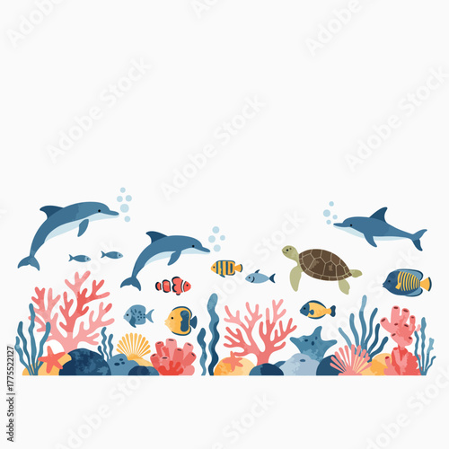 An illustration of various marine life, including dolphins, fish, a turtle, and coral, in a vibrant underwater scene.