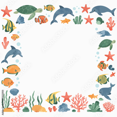 Sea life frame with turtles, dolphins, fish, starfish, and coral.