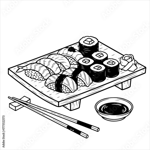 A black and white line art illustration of a Japanese sushi platter with nigiri, maki rolls, chopsticks, and a bowl of soy sauce.