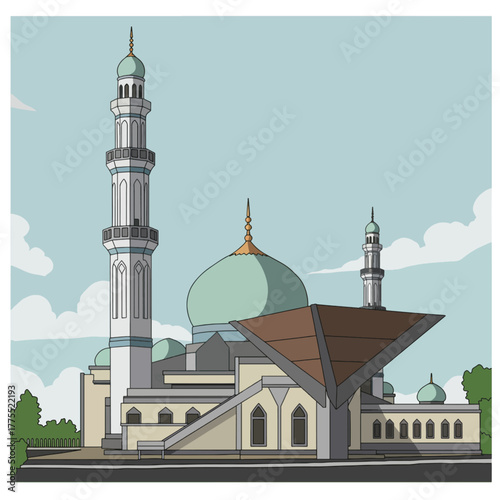 Flat illustration of a vibrant orange and pink cocktail shaker set with bar spoons, jigger, and strainer on a light blue background, perfect for mixology.