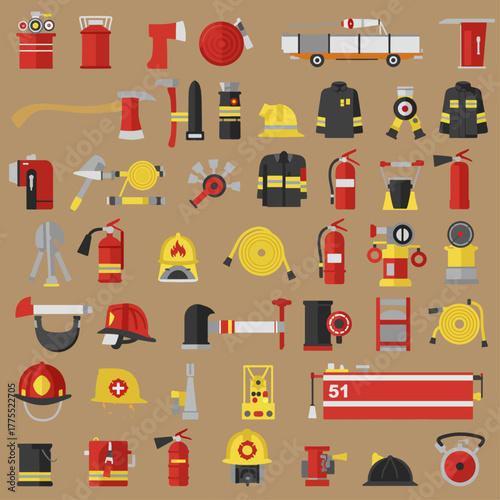 A comprehensive collection of firefighting equipment and safety gear, illustrated in a flat design style on a brown background.