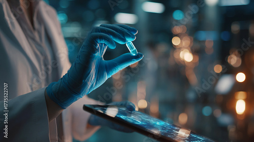 A person is holding a tablet with a blue pill on it