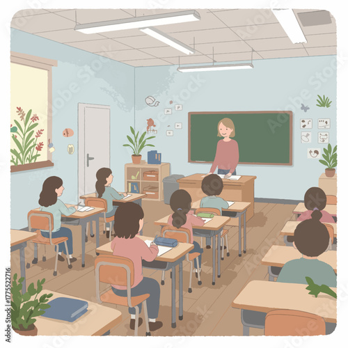 Flat illustration of a vibrant orange and pink cocktail shaker set with bar spoons, jigger, and strainer on a light blue background, perfect for mixology.