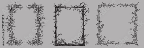 Hand-drawn tree branch frame set with roots and twigs. Rustic forest-themed borders perfect for fantasy designs, nature illustrations, invitations, tattoo art, and gothic woodland aesthetics.