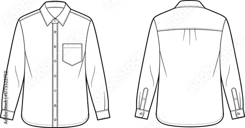 Long sleeve button up shirt flat sketch, front and back view, collar, chest pocket, cuffs, curved hem, fashion design template