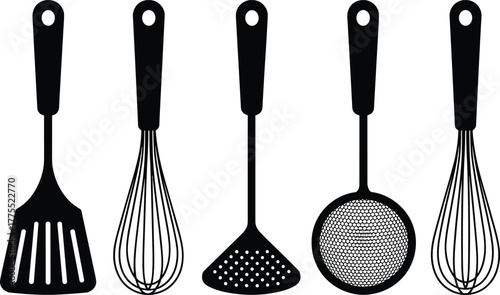 Kitchen utensils, cooking tools, black handle, spatula, whisk, skimmer, perforated turner, food preparation, culinary equipment, stainless steel, mesh strainer
