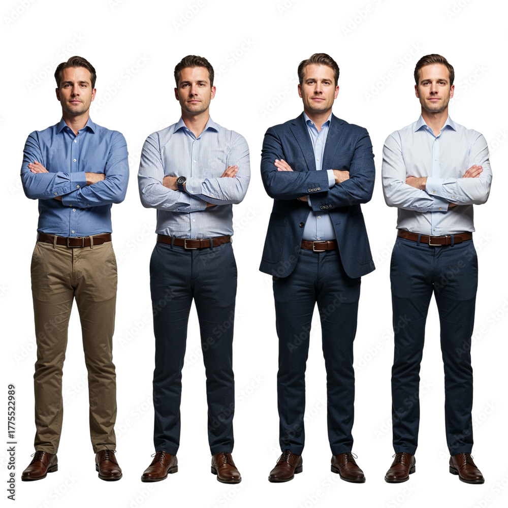 Obraz premium Four businessmen standing arms crossed professional attire studio portrait isolated on transparent background