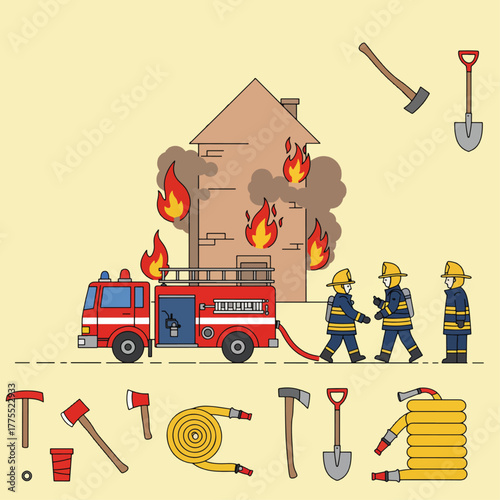 Illustration of a house fire with firefighters and equipment.