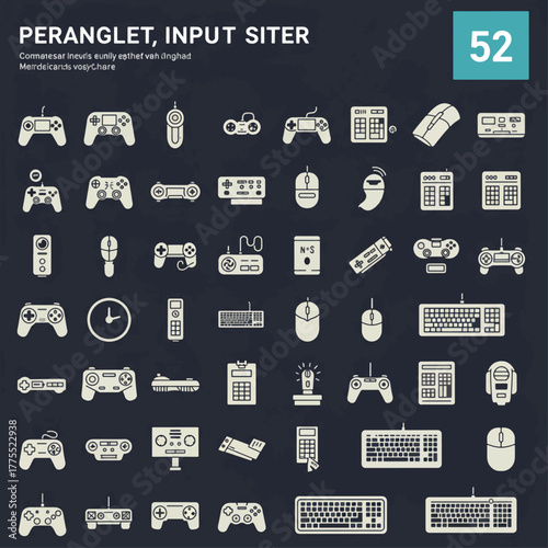 A comprehensive collection of 52 flat design icons depicting various input devices and computer peripherals for gaming and general use.