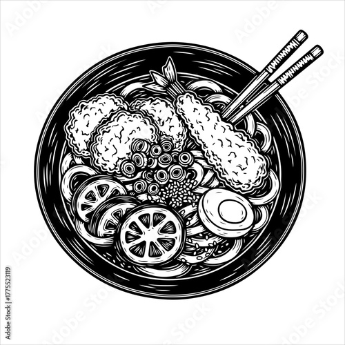 A black and white overhead illustration of a Japanese noodle soup bowl with tempura shrimp, egg, and chopsticks.