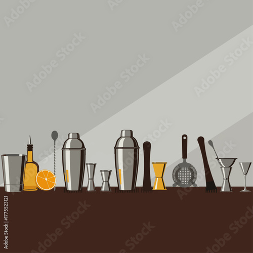 A detailed illustration of various bar tools and cocktail making equipment, including shakers, jiggers, muddlers, and an orange slice, set on a dark counter.