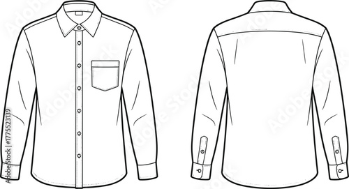 Long sleeve shirt, button up shirt, fashion flat sketch, technical drawing, garment design, apparel template, clothing vector, front back view