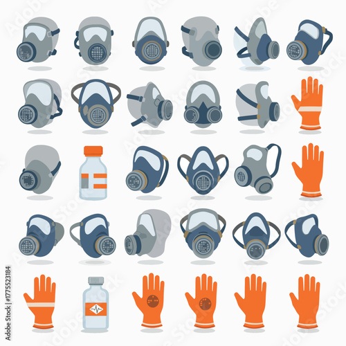 Flat illustration of a vibrant orange and pink cocktail shaker set with bar spoons, jigger, and strainer on a light blue background, perfect for mixology.