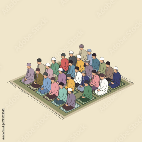 Illustration of a group of Muslim men praying together on a prayer rug.