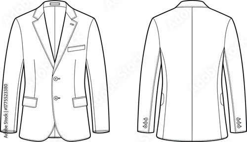 Men blazer, suit jacket, tailored coat, fashion flat sketch, technical drawing, apparel design, clothing template, tailoring illustration, front back view, vector fashion