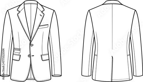 Men blazer, suit jacket, tailored coat, fashion flat sketch, technical drawing, apparel design, clothing template, tailoring illustration, front back view, vector design