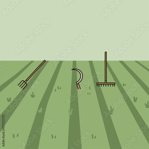 Flat illustration of a vibrant orange and pink cocktail shaker set with bar spoons, jigger, and strainer on a light blue background, perfect for mixology.