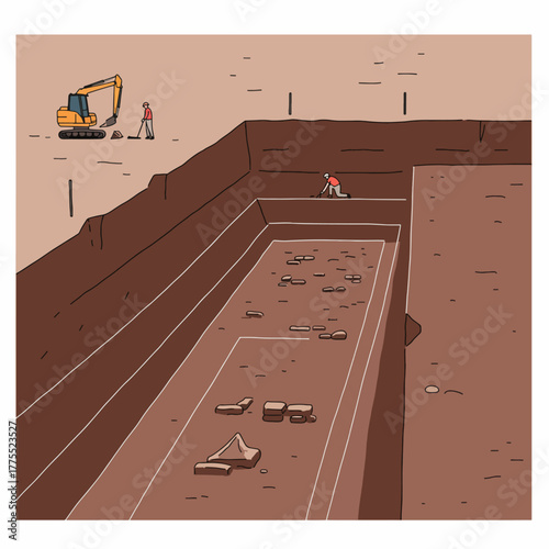 Archaeological excavation site with workers and an excavator digging into the earth, revealing ancient artifacts.