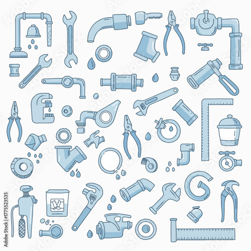A comprehensive collection of various plumbing tools, pipe fittings, and water system components in a light blue illustrative style.