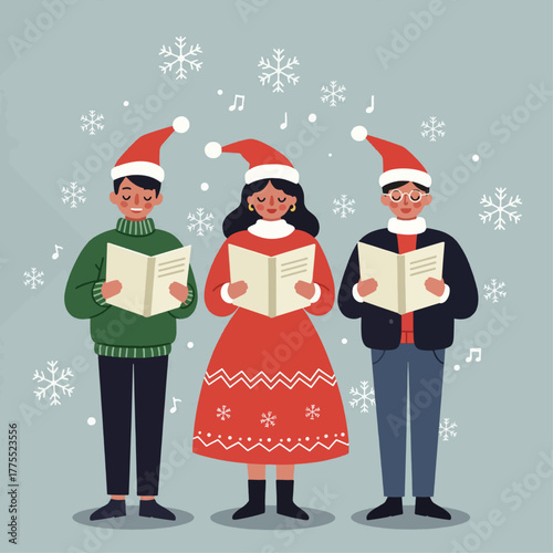Three people in Santa hats singing Christmas carols from sheet music, surrounded by snowflakes.