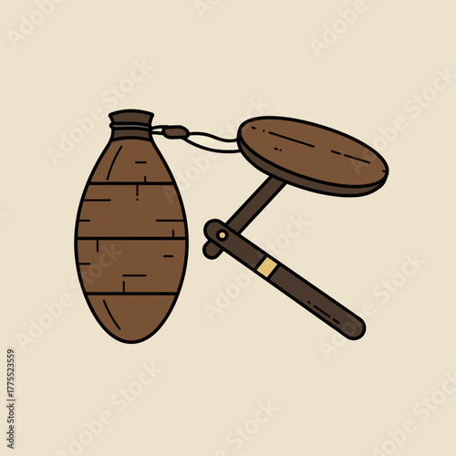 Illustration of a brown canteen and a wooden magnifying glass.