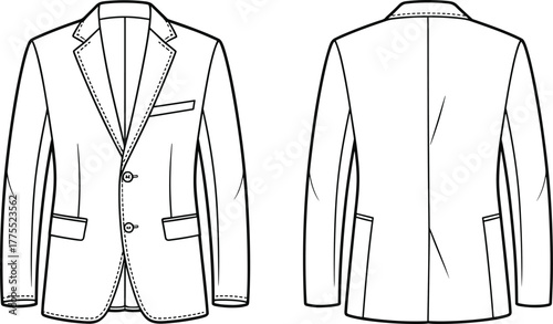 Men blazer, suit jacket, tailored coat, fashion flat sketch, technical drawing, apparel,clothing template, tailoring illustration, front back view, vector fashion