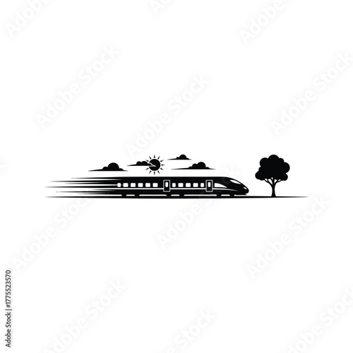 Sleek black silhouette of a high speed train traveling through a landscape with sun clouds and a lone tree