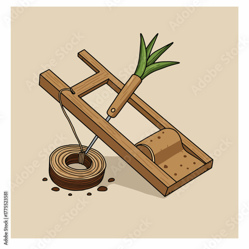 Illustration of a rustic wooden grating device with a green plant, possibly a leek, processing material into a pile.