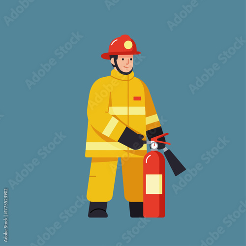 A flat illustration of a male firefighter in yellow uniform holding a red fire extinguisher, standing against a blue background.
