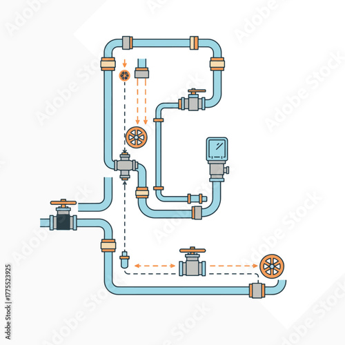Detailed illustration of a complex network of blue pipes with various valves and gauges.
