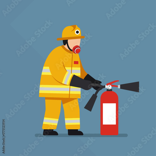 A firefighter in protective gear preparing to use a red fire extinguisher against a blue background.