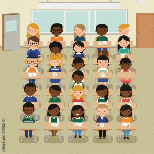 Overhead view of a diverse group of elementary school children sitting at their desks in a classroom, ready to learn.