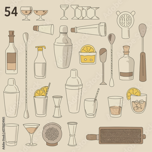 A vintage-style illustrated collection of various bar tools and cocktail-making equipment.