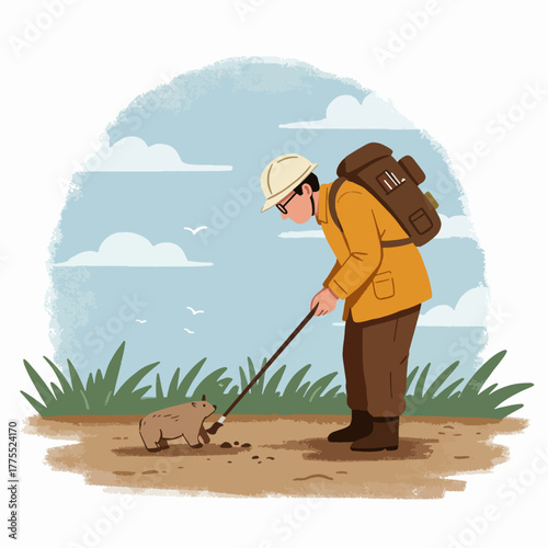 A scientist or researcher in a hard hat observes a small groundhog or gopher with a stick in an outdoor field.