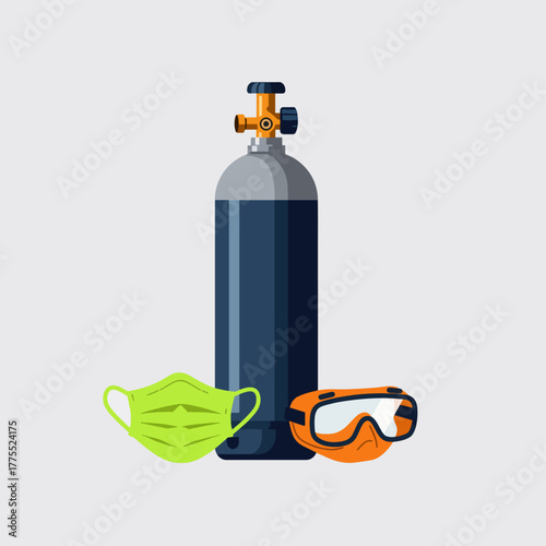 A green face mask and orange safety goggles placed in front of a tall, dark blue gas cylinder with a brass valve.