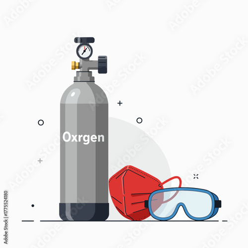 Illustration of an oxygen tank with a pressure gauge, a red respirator mask, and blue safety goggles.