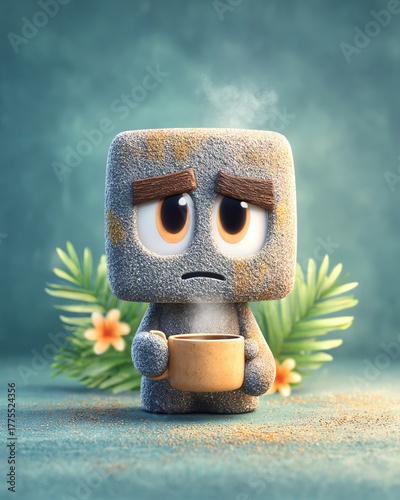 Grumpy Moai 3D Character Portrait holding coffee cup with visible steam, morning grumpiness scene, tactile realism with comedic nuance