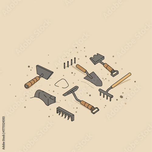 A collection of gardening tools, including trowels, rakes, and other implements, arranged on a sandy surface.