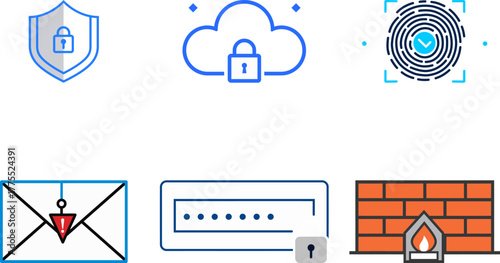 Cybersecurity icons including shield, cloud, fingerprint, email, password, and firewall