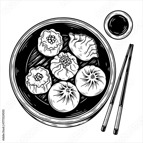 Hand-drawn top-down view of a traditional dim sum steamer with dumplings and chopsticks.