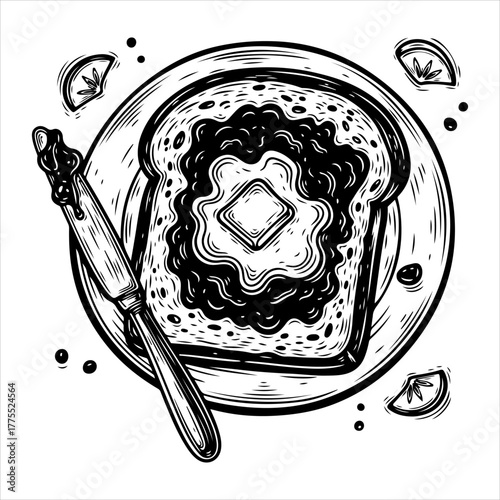 Detailed line art illustration of a slice of toast with melting butter and dark jam on a plate with a knife.