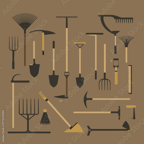 A comprehensive collection of various gardening and farming hand tools displayed on a brown background in a flat design style.