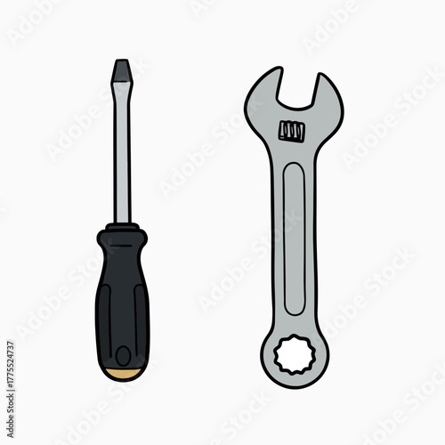 Illustration of a flathead screwdriver and an adjustable wrench, common hand tools for repair and construction.