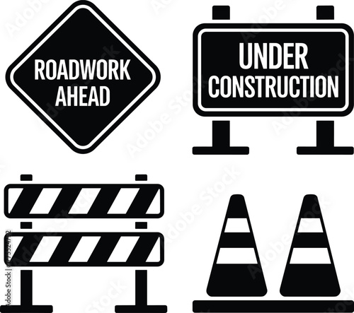 Road construction icons, roadwork ahead sign, under construction board, traffic cone vector, barricade illustration, safety symbol, caution signage, engineering equipment artwork