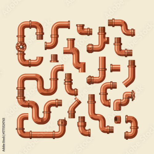 A collection of various copper pipes and plumbing fittings for water systems.